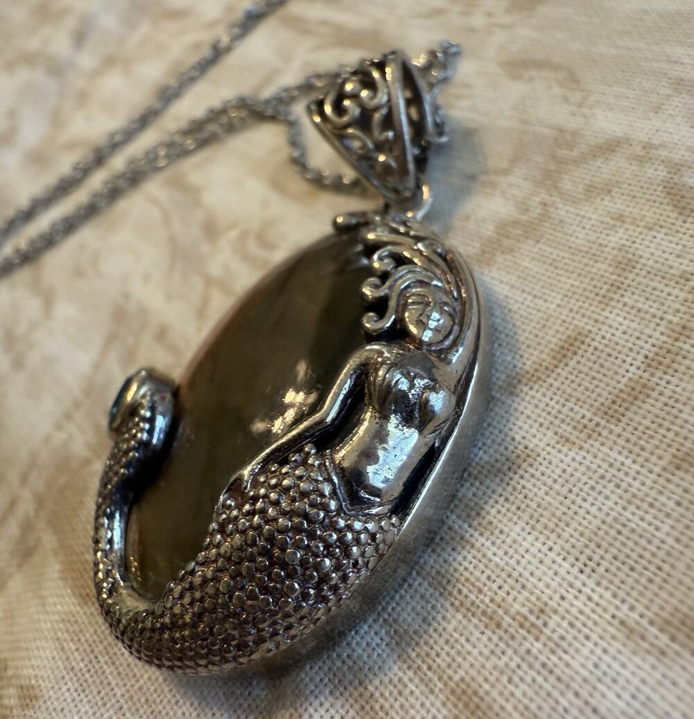 Solid 925 Sterling Silver Mermaid Pendant w/ two stones